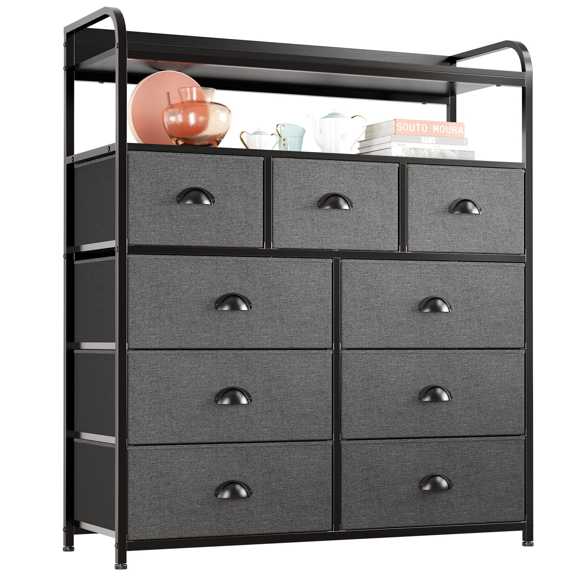 Dark Grey Fabric Dresser with 9 Drawers & 2 Shelves, Metal Frame