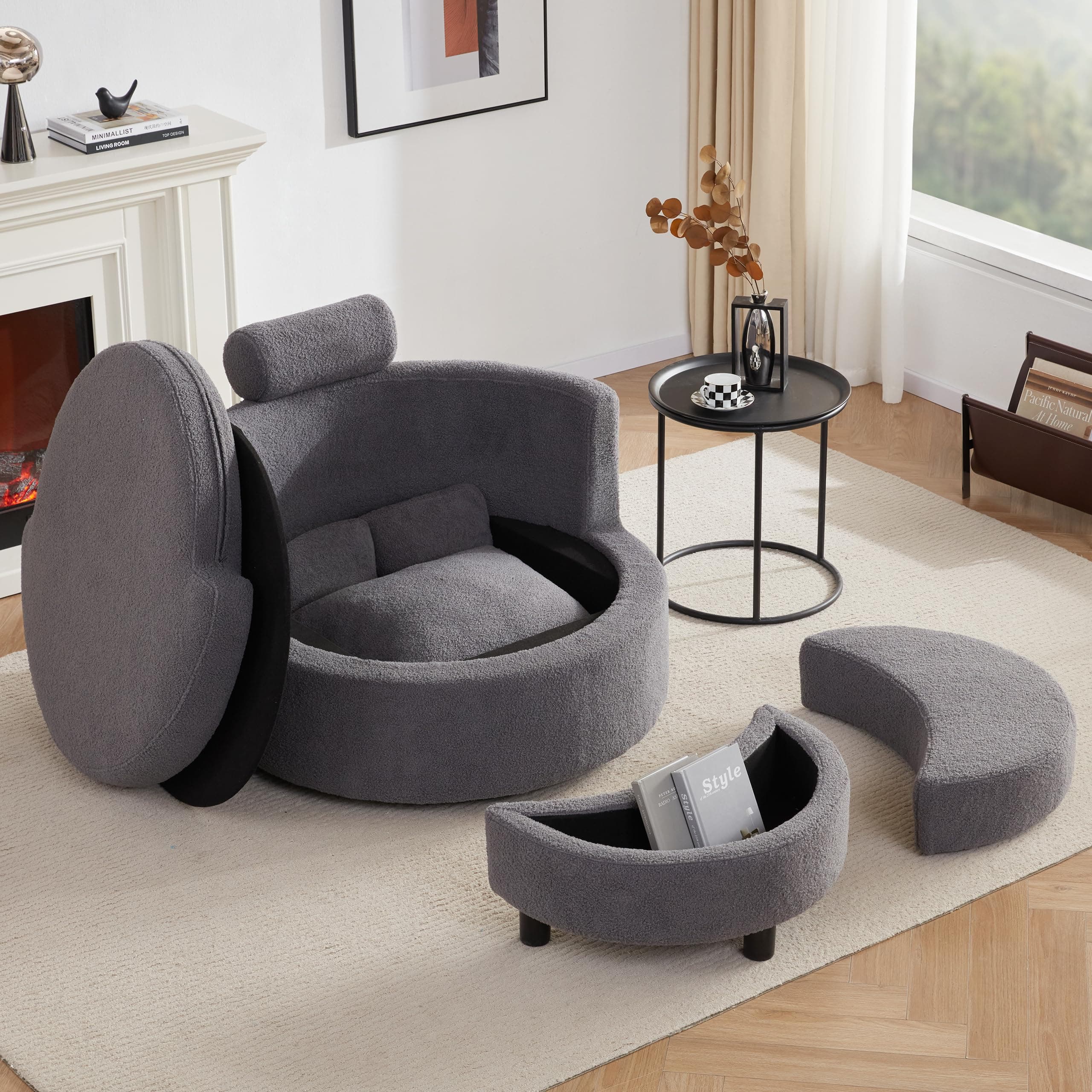 Modern Grey Swivel Chair with Half Moon Storage Ottoman & 3 Pillows for Living Room